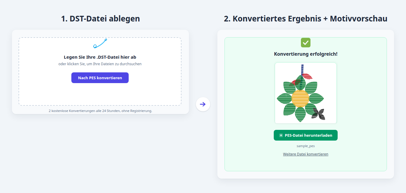 Konverter-Ablauf: Ablegen einer DST-Datei, dann wird das konvertierte EXP-Motiv angezeigt und ist bereit zum Herunterladen