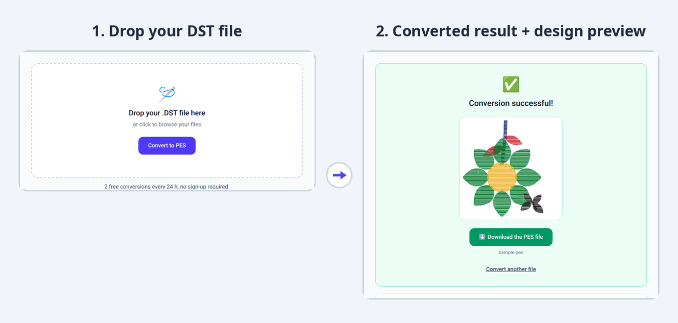 Converter screenshots: dropping a JEF file, then the converted EXP design displayed and ready to download